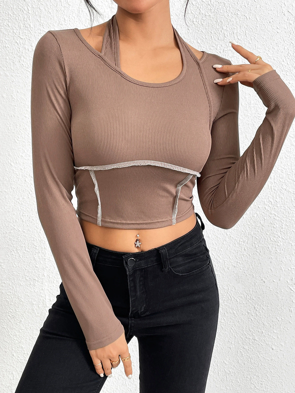 ZARA Fall Winter Slim Fit Knit Long Sleeve Exposed Seams Halter Neck Top